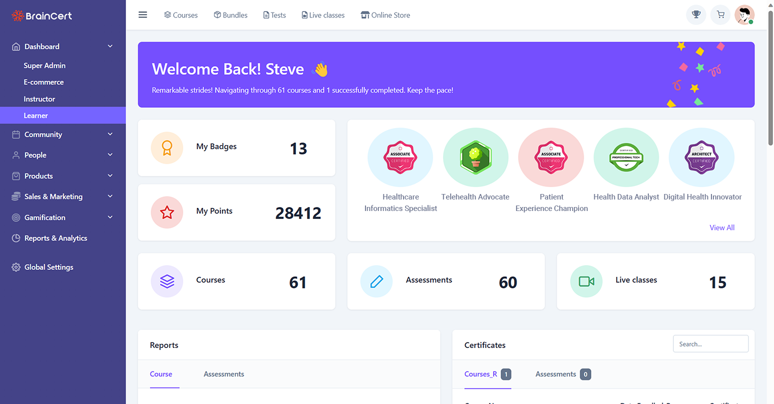 Learner dasboard